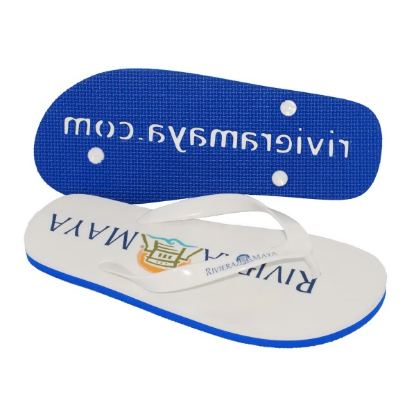 Two-layer EVA foam flip flop with die-cut "talking footprint" and vinyl... from ASI 55030 ZZ DROPPED - Footprints USA