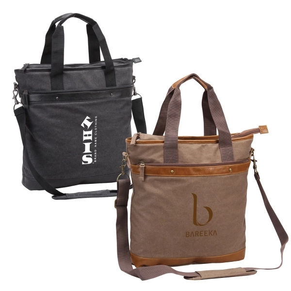 Tablet sleeve, dual handles, shoulder strap, stonewashed canvas, faux leather trim.... from ASI 79384 Preferred Nation Inc / G-tech