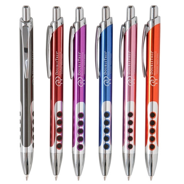 Click action ballpoint pen with several curved chrome accents, dotted rubber... from ASI 90859 Tempo Industries Inc / Tempoline