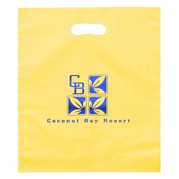 Hi-density 2.5 mil frosted plastic bags with die cut handles... from ASI 37940 Bag Makers Inc