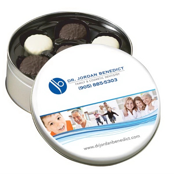 Collector tin filled with chocolate covered sandwich cookies.... from ASI 44900 NC Custom (CI/Lanco) / Chocolate Inn
