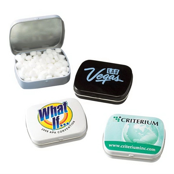 Domed tin with filled mints.... from ASI 44900 NC Custom (CI/Lanco) / Chocolate Inn