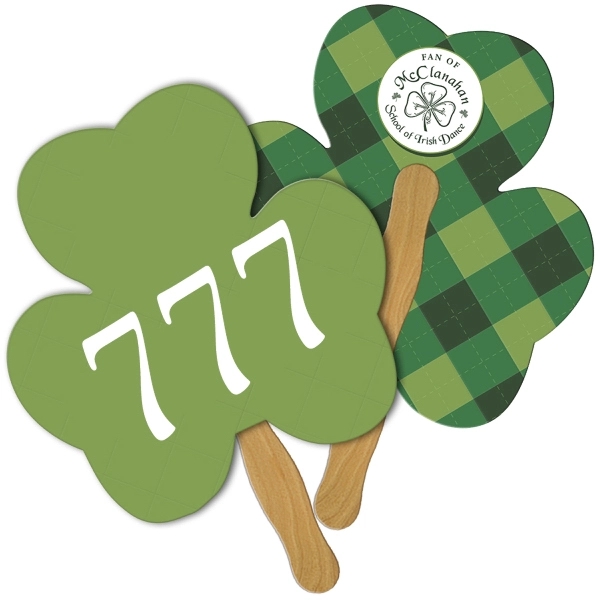 Digital printed shamrock shape auction fan with visible wooden stick.... from ASI 67620 Lion Circle Corp / Lion/Circle