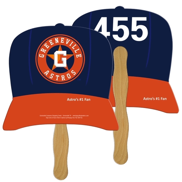 Digital printed baseball cap shape auction fan with visible wooden stick.... from ASI 67620 Lion Circle Corp / Lion/Circle