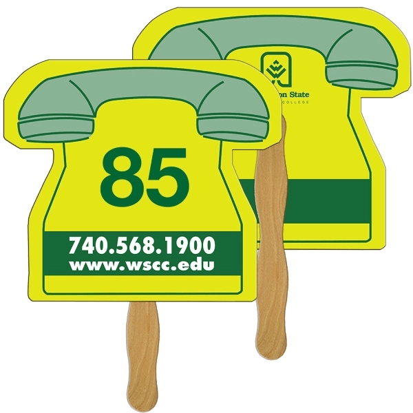 Digital printed phone shape auction fan with visible wooden stick.... from ASI 67620 Lion Circle Corp / Lion/Circle