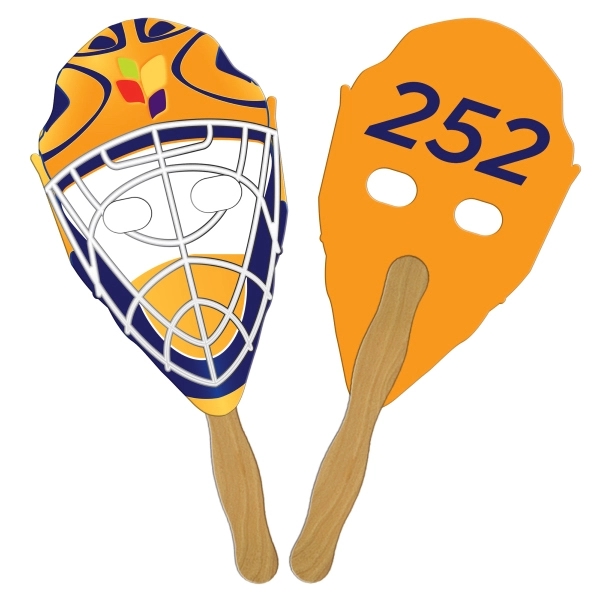 Digital printed hockey mask shape auction fan with visible wooden stick.... from ASI 67620 Lion Circle Corp / Lion/Circle