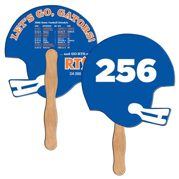 Digital printed helmet shape auction fan with visible wooden stick.... from ASI 67620 Lion Circle Corp / Lion/Circle