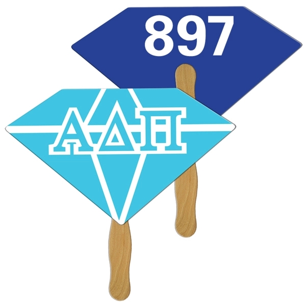 Digital printed diamond shape auction fan with visible wooden stick.... from ASI 67620 Lion Circle Corp / Lion/Circle