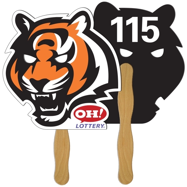 Digital printed tiger shape auction fan with visible wooden stick.... from ASI 67620 Lion Circle Corp / Lion/Circle