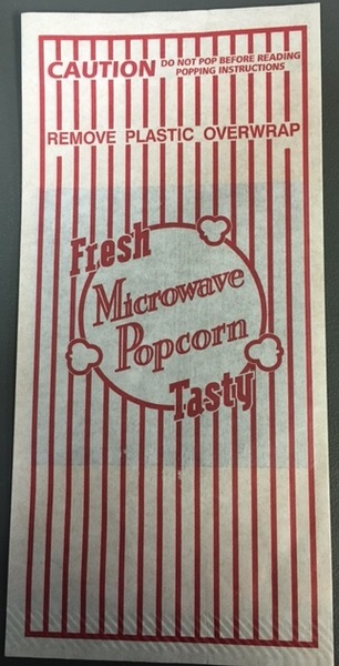 Microwave popcorn bag with stock Fresh & Tasty striped design.