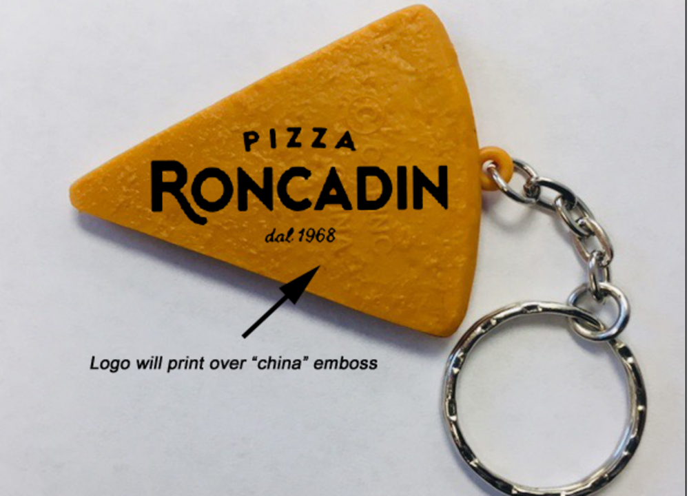 Pizza slice keychain wants to take a slice of market share... from ASI 85620 H M Schmidt Co Inc / Traveling Billboard